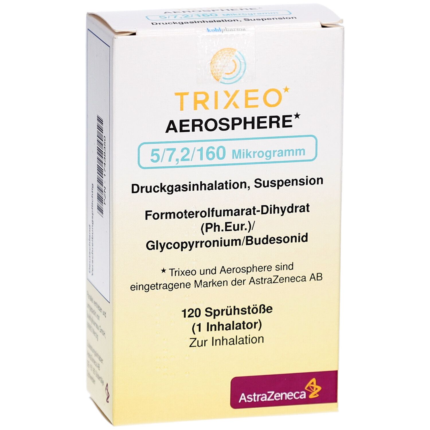 Schräge Ansicht der TRIXEO Aerosphere Verpackung. Text: 5/7,2/160 Mikrogramm, 120 Sprühstöße. AstraZeneca Logo.