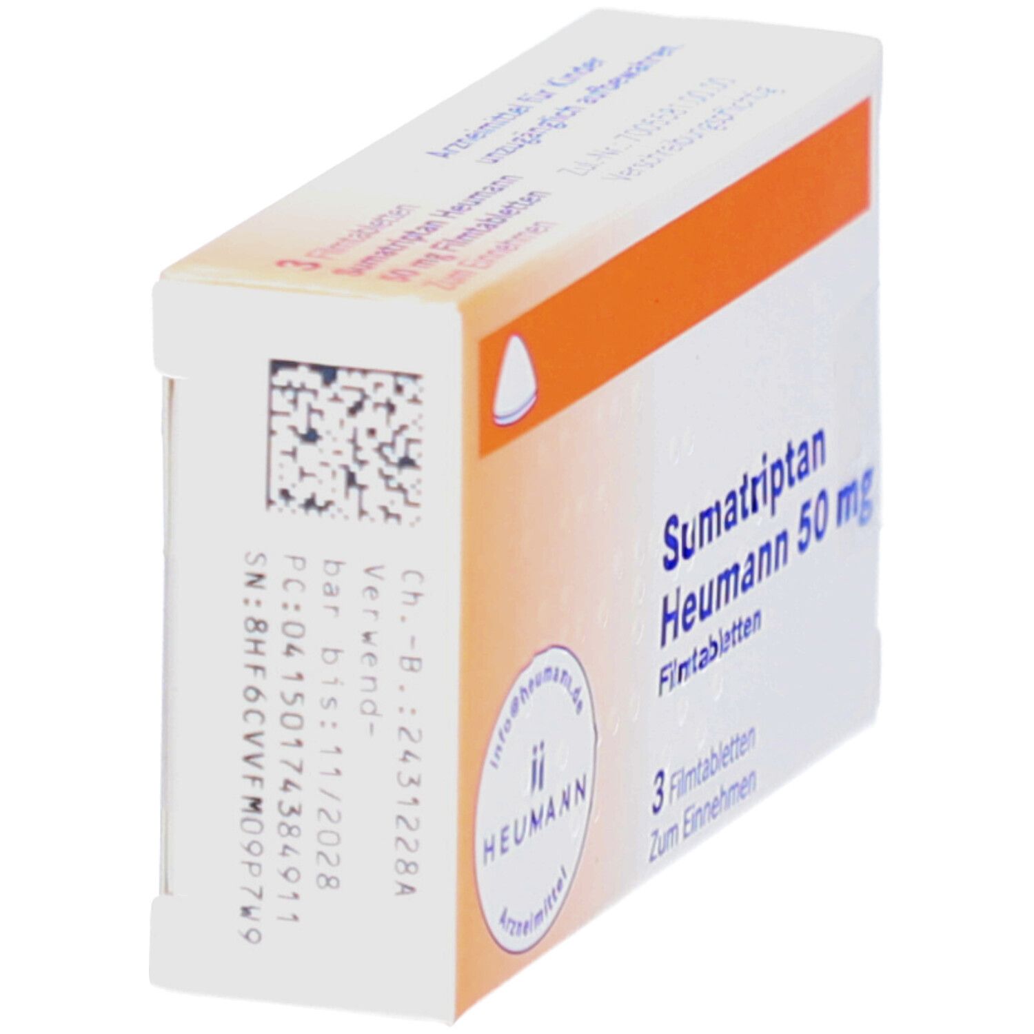 Schachtel Sumatriptan Heumann 50 mg. Seitenansicht. Barcode und Chargeninformationen. Orangefarbener Streifen.