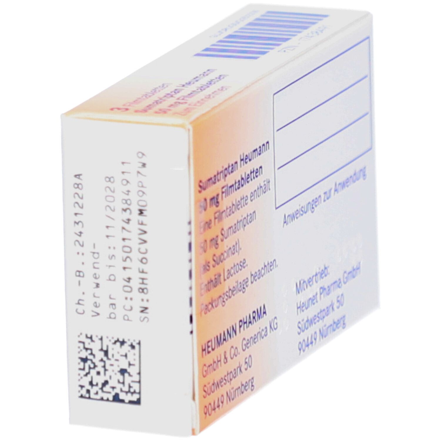 Schachtel Sumatriptan Heumann 50 mg. Rückseite mit Text. Barcode und Chargeninformationen. Leere weiße Fläche.