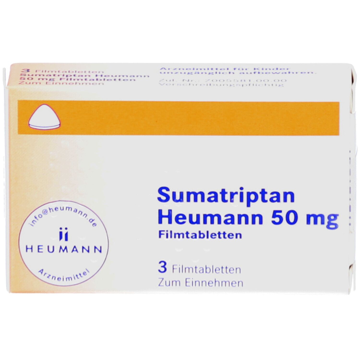 Schachtel Sumatriptan Heumann 50 mg Filmtabletten. Aufdruck: 3 Filmtabletten. Logo Heumann. Orangefarbener Streifen.
