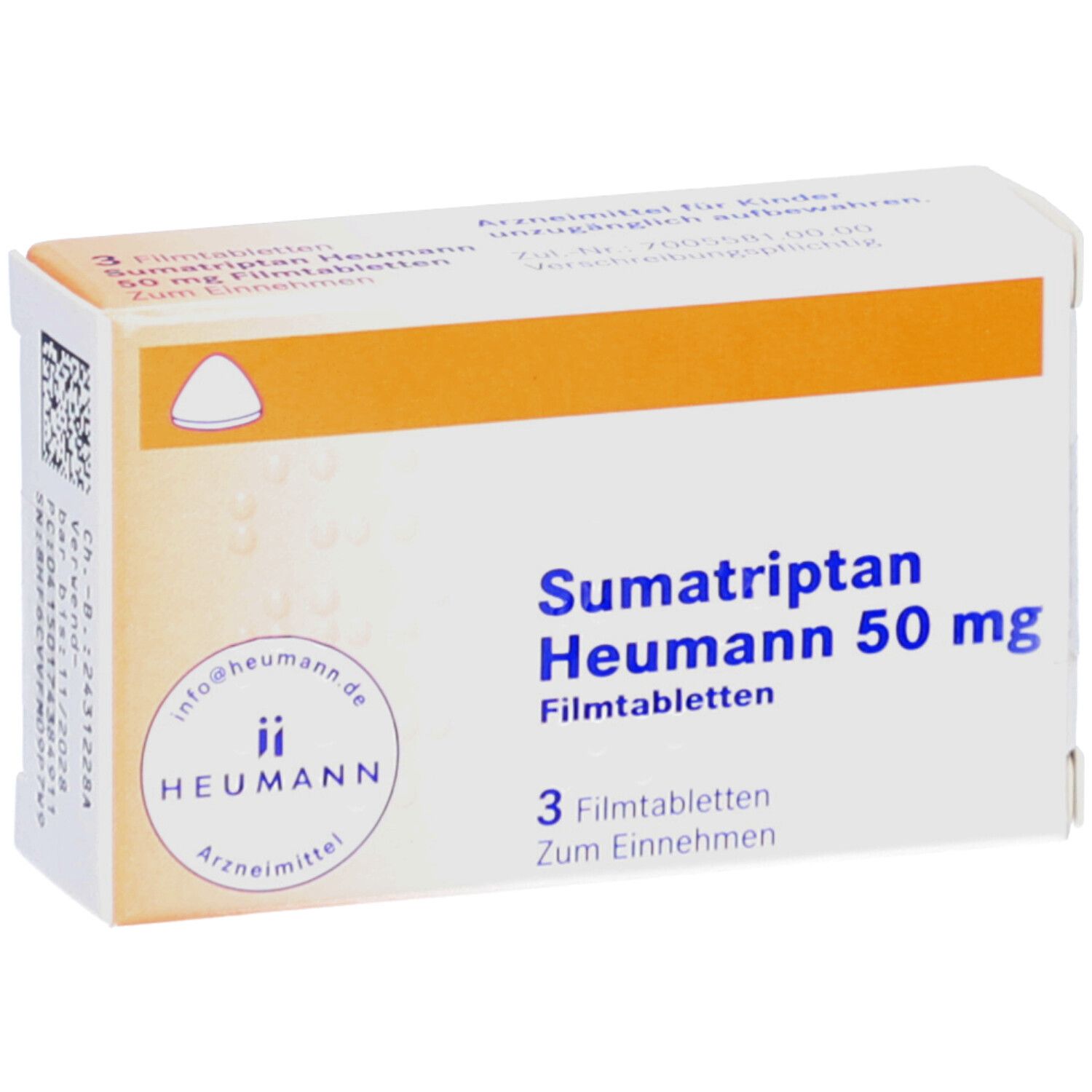 Schachtel Sumatriptan Heumann 50 mg Filmtabletten. Aufdruck: 3 Filmtabletten. Logo Heumann. Orangefarbener Streifen.