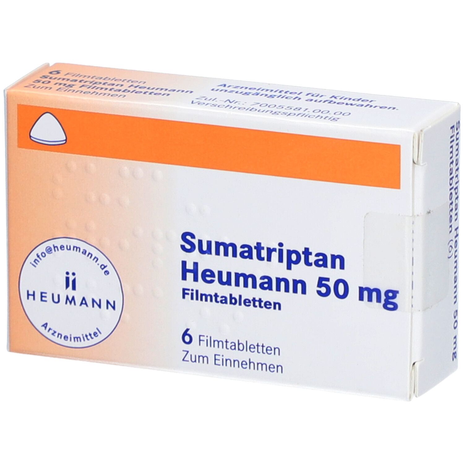 Schachtel mit Sumatriptan Heumann 50 mg Filmtabletten. 6 Tabletten. Orangefarbener Streifen. Logo Heumann.