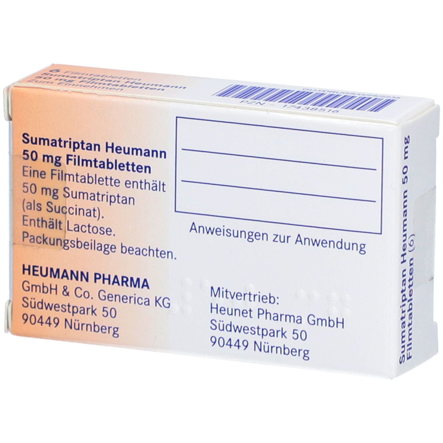 Rückseite der Schachtel Sumatriptan Heumann 50 mg Filmtabletten. Text: Inhaltsstoffe, Hersteller, Vertrieb.