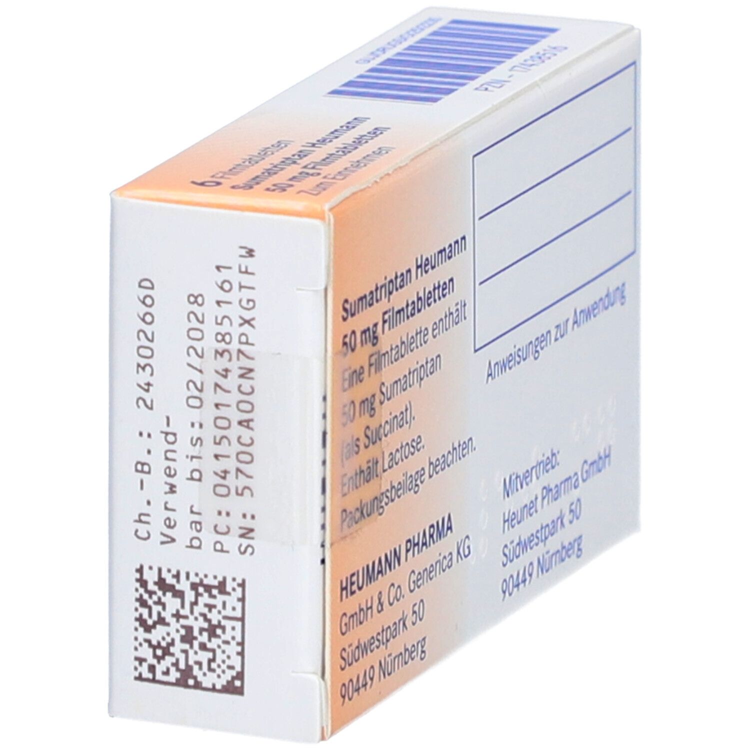 Rückseite der Schachtel Sumatriptan Heumann 50 mg Filmtabletten. Barcode, Chargennummer, Verfallsdatum. Text.