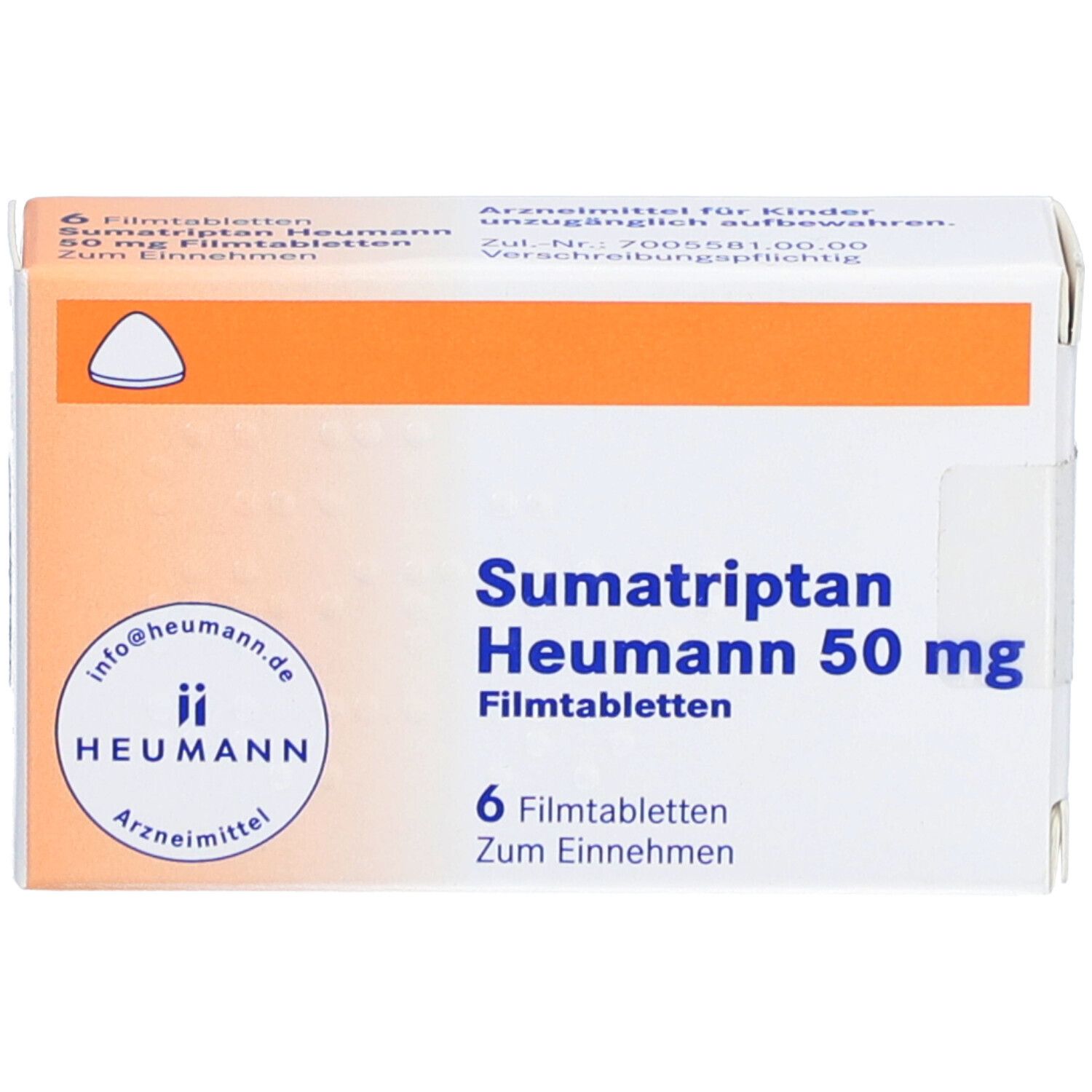 Schachtel Sumatriptan Heumann 50 mg Filmtabletten. 6 Tabletten. Logo Heumann. Orangefarbener Streifen.