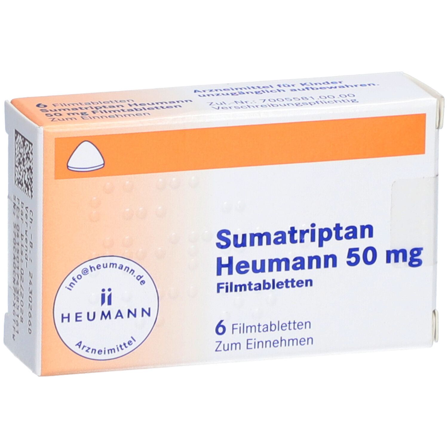 Schachtel Sumatriptan Heumann 50 mg Filmtabletten. 6 Tabletten. Logo Heumann. Orangefarbener Streifen.