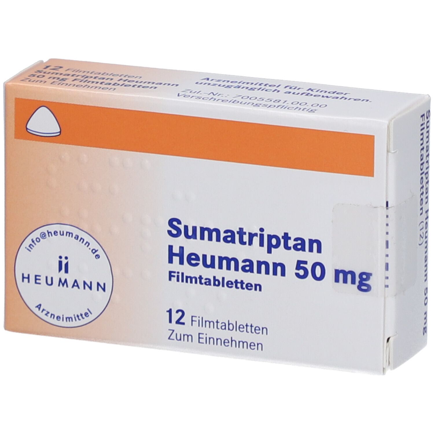 Schachtel mit Sumatriptan Heumann 50 mg Filmtabletten. 12 Tabletten. Heumann Logo. Orangefarbener Akzent.