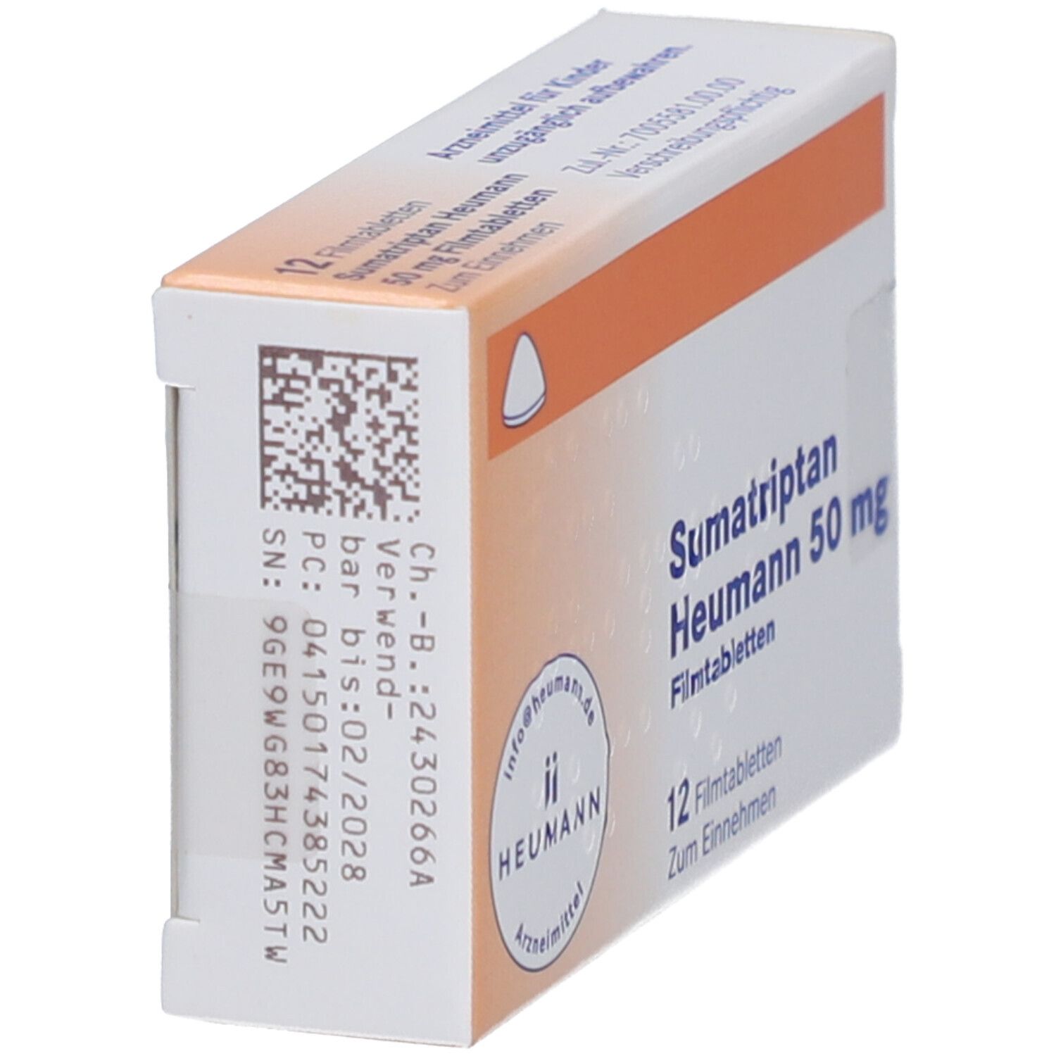 Schachtel Sumatriptan Heumann 50 mg. Seitenansicht mit Chargennummer, Verfallsdatum und QR-Code. Heumann Logo.