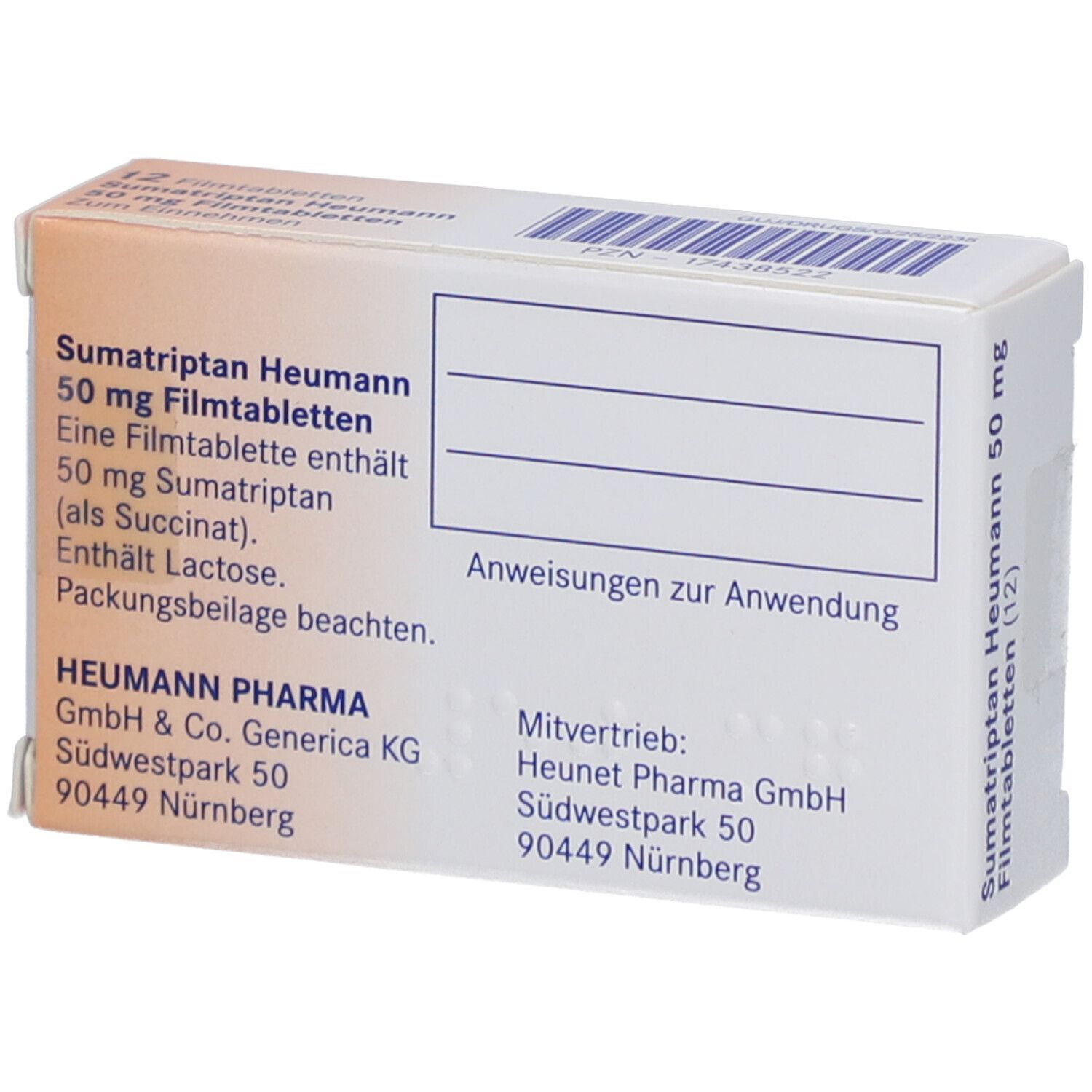 Rückseite der Schachtel mit Produktinformationen: Sumatriptan Heumann 50 mg Filmtabletten. Hersteller- und Vertriebsadresse.
