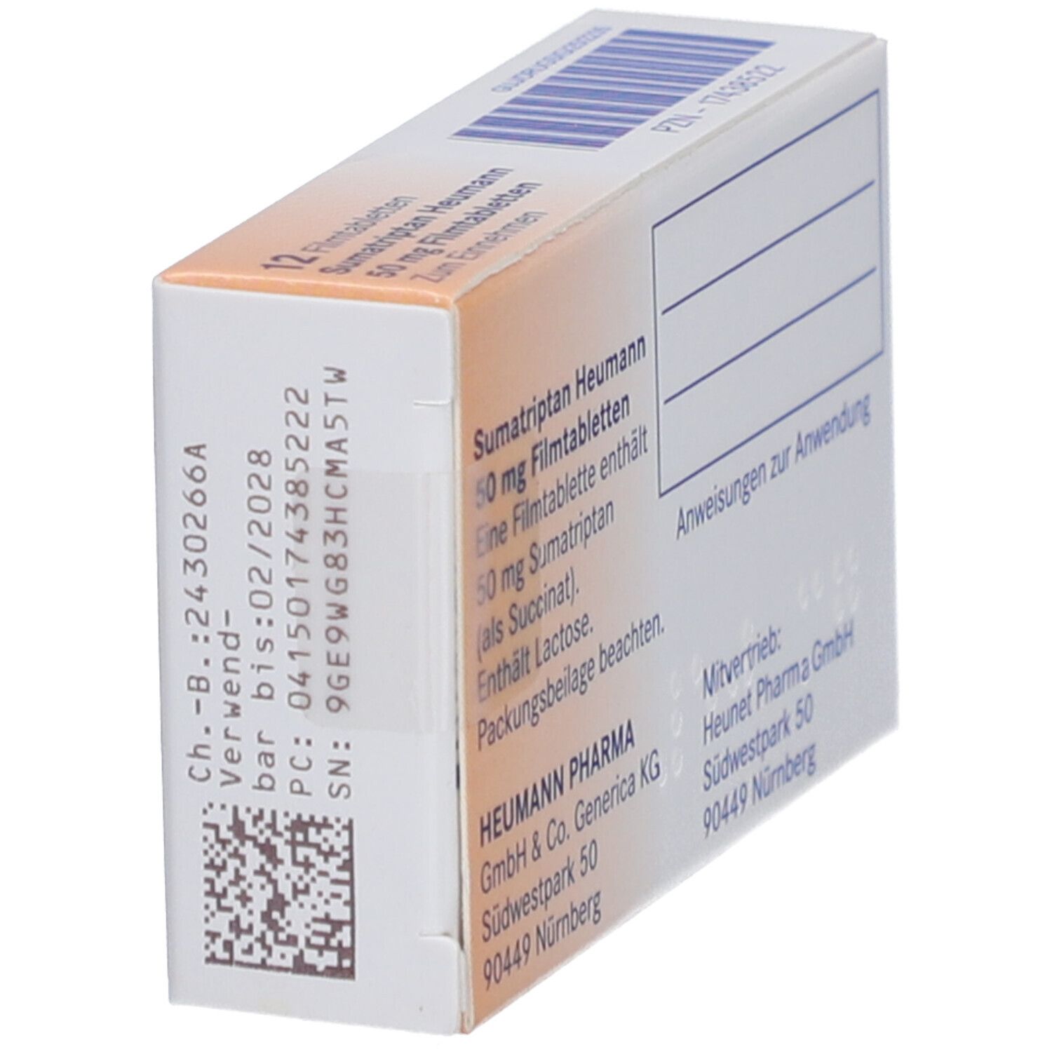 Seitenansicht der Schachtel mit Produktinformationen: Sumatriptan Heumann 50 mg Filmtabletten. Hersteller- und Vertriebsadresse.
