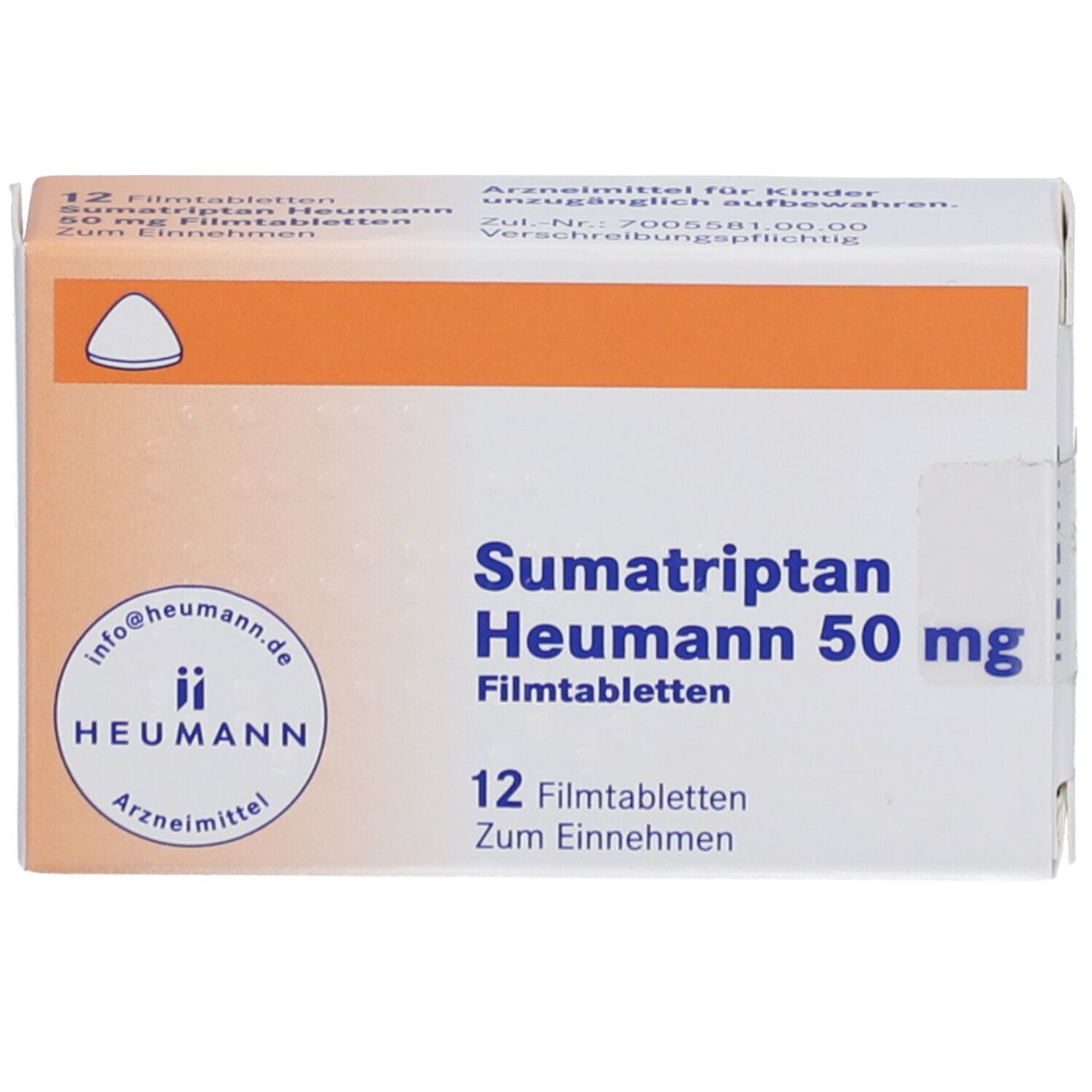 Schachtel Sumatriptan Heumann 50 mg Filmtabletten. 12 Tabletten. Heumann Logo. Orangefarbener Akzent. Arzneimittel.