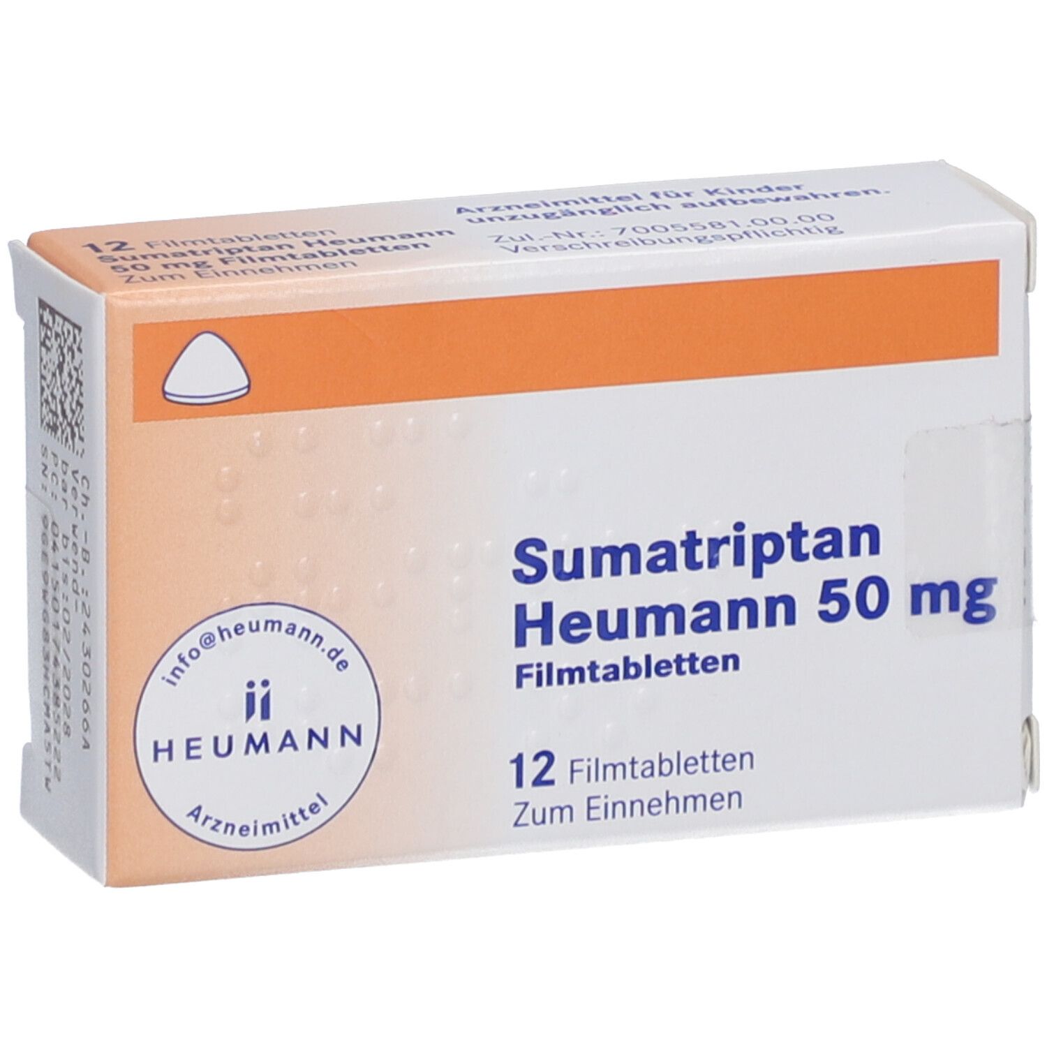 Schachtel Sumatriptan Heumann 50 mg Filmtabletten. 12 Tabletten. Heumann Logo. Orangefarbener Akzent. Arzneimittel.