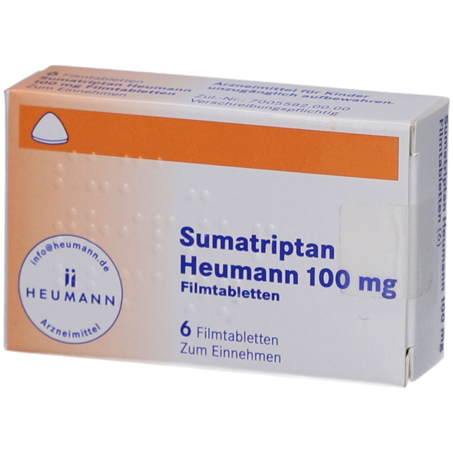 Schachtel mit Sumatriptan Heumann 100 mg Filmtabletten. 6 Tabletten. Orangefarbene Akzente. Heumann Logo.