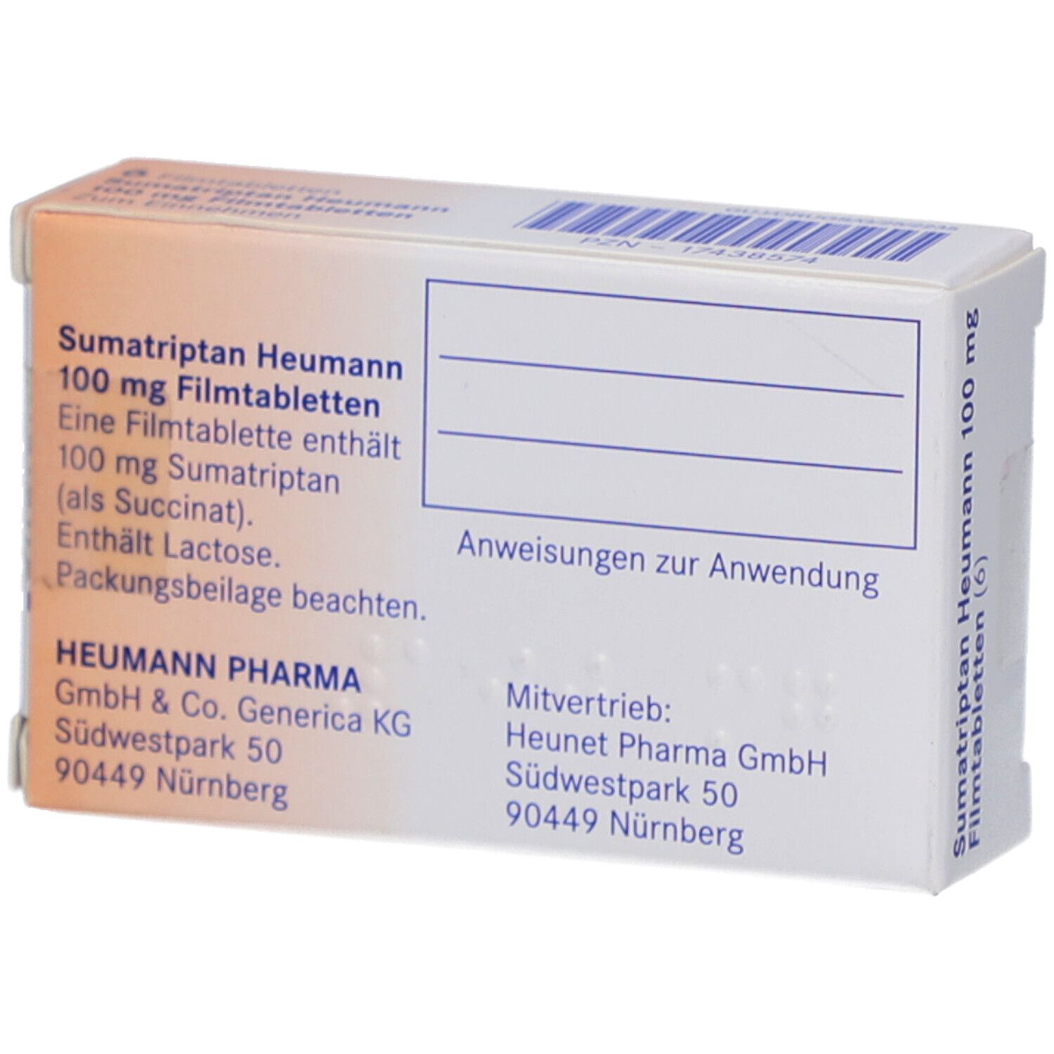 Rückseite der Schachtel. Sumatriptan Heumann 100 mg Filmtabletten. Textinformationen. Heumann Pharma GmbH.