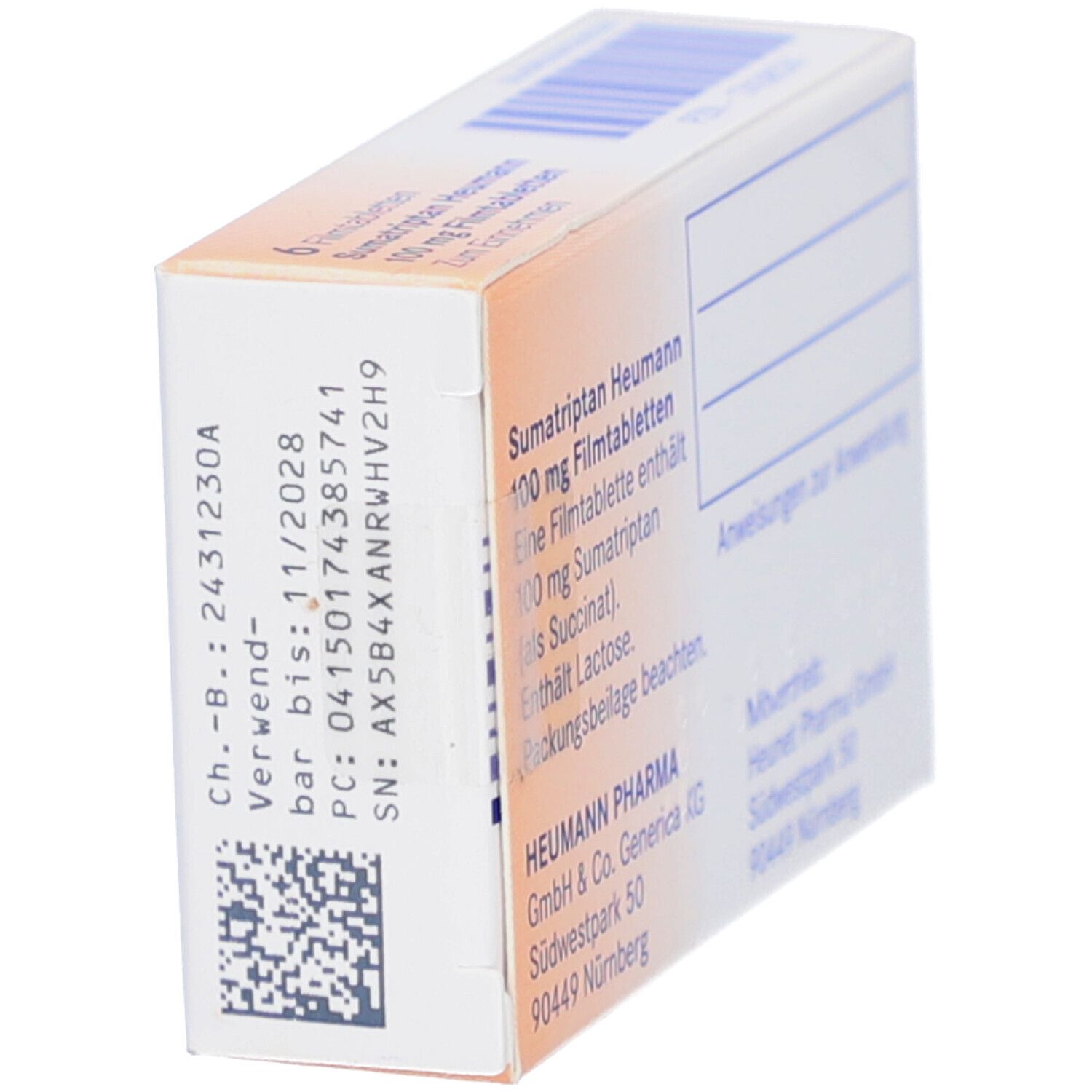 Seitenansicht der Schachtel. Sumatriptan Heumann 100 mg Filmtabletten. Textinformationen. Heumann Pharma GmbH.