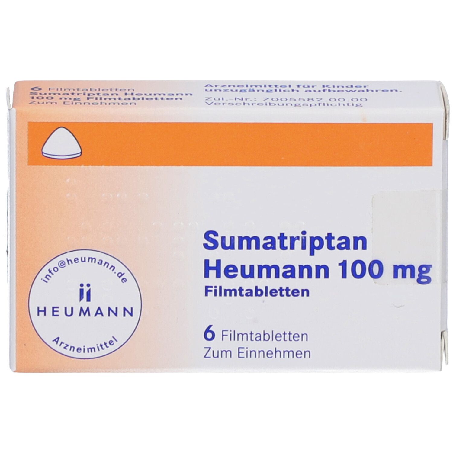 Schachtel mit Sumatriptan Heumann 100 mg Filmtabletten. 6 Tabletten. Orangefarbene Akzente. Heumann Logo.