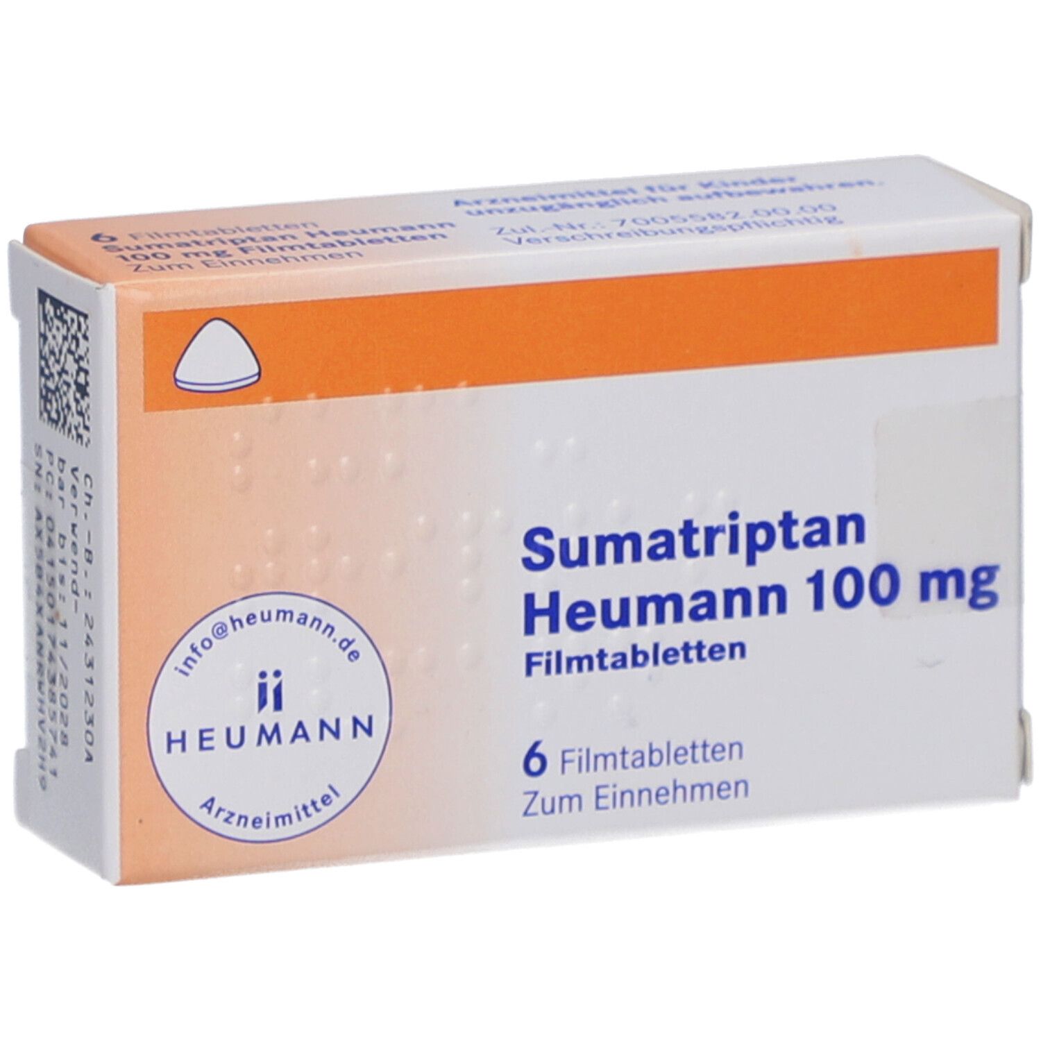 Schachtel mit Sumatriptan Heumann 100 mg Filmtabletten. 6 Tabletten. Orangefarbene Akzente. Heumann Logo.