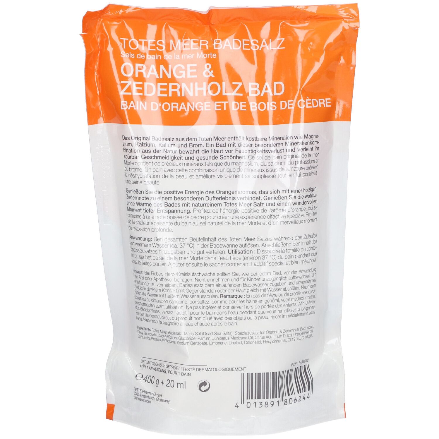 Rückseite der DERMASEL® Badesalz-Verpackung. Textinformationen auf weißem Hintergrund. Orangefarbener Streifen oben.