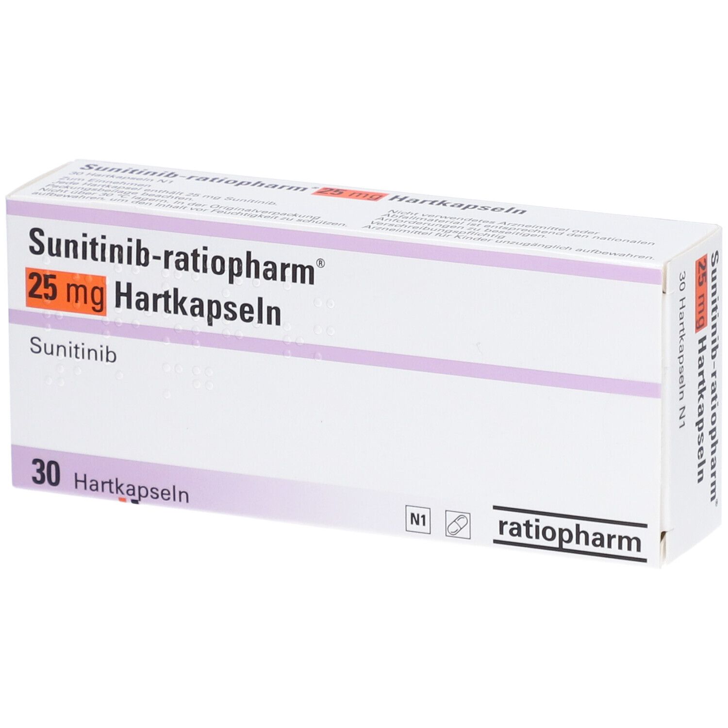 Schachtel Sunitinib-ratiopharm® 25 mg Hartkapseln. Aufschrift: 30 Hartkapseln. Logo ratiopharm.