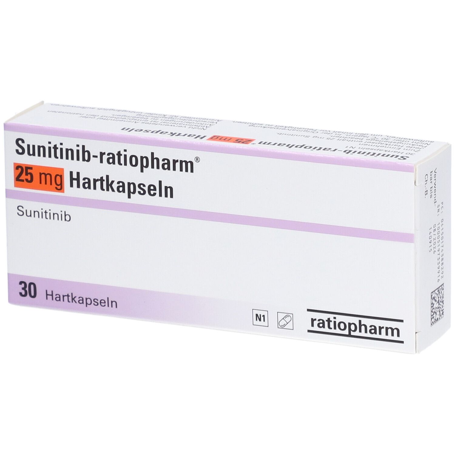 Schachtel Sunitinib-ratiopharm® 25 mg Hartkapseln. Aufschrift: 30 Hartkapseln. Logo ratiopharm.