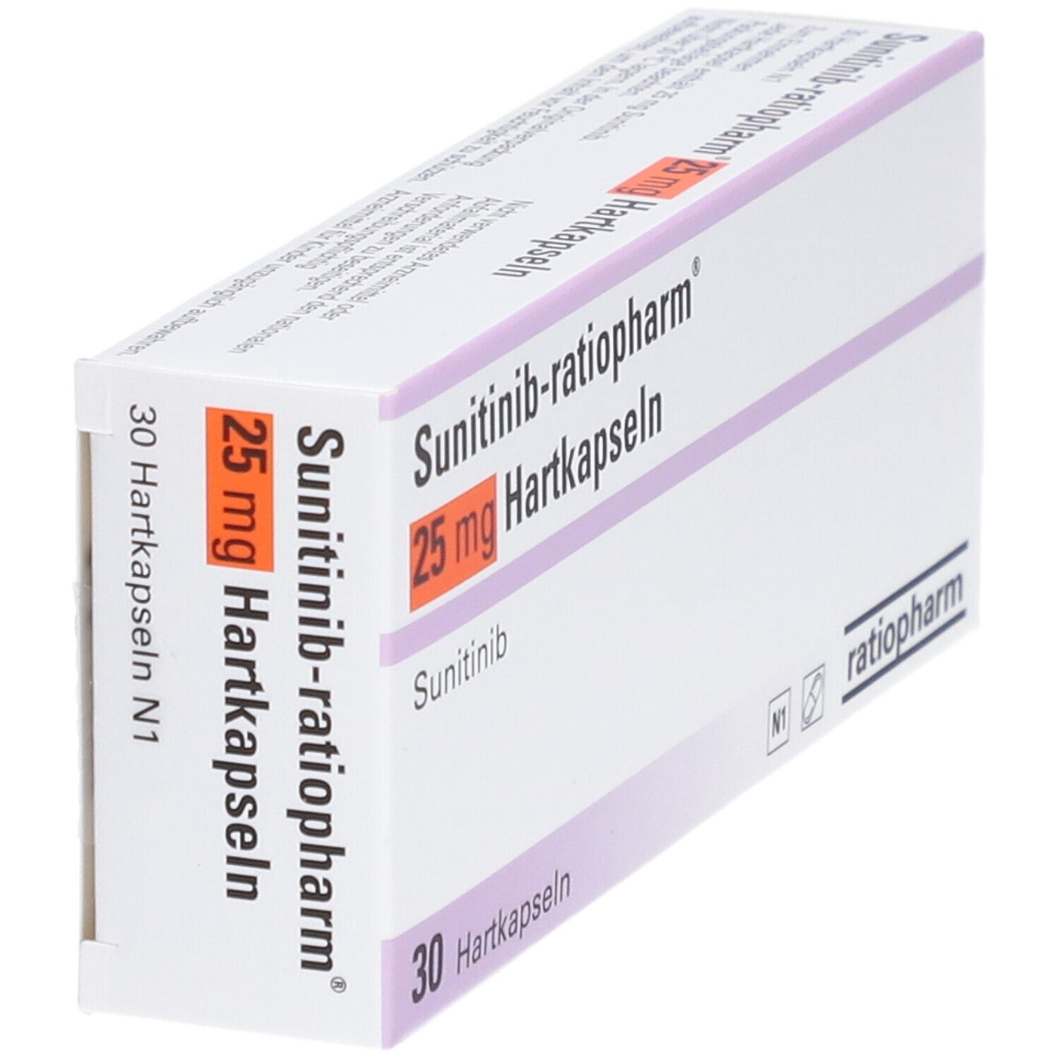 Schachtel Sunitinib-ratiopharm® 25 mg Hartkapseln. Aufschrift: 30 Hartkapseln. Logo ratiopharm.