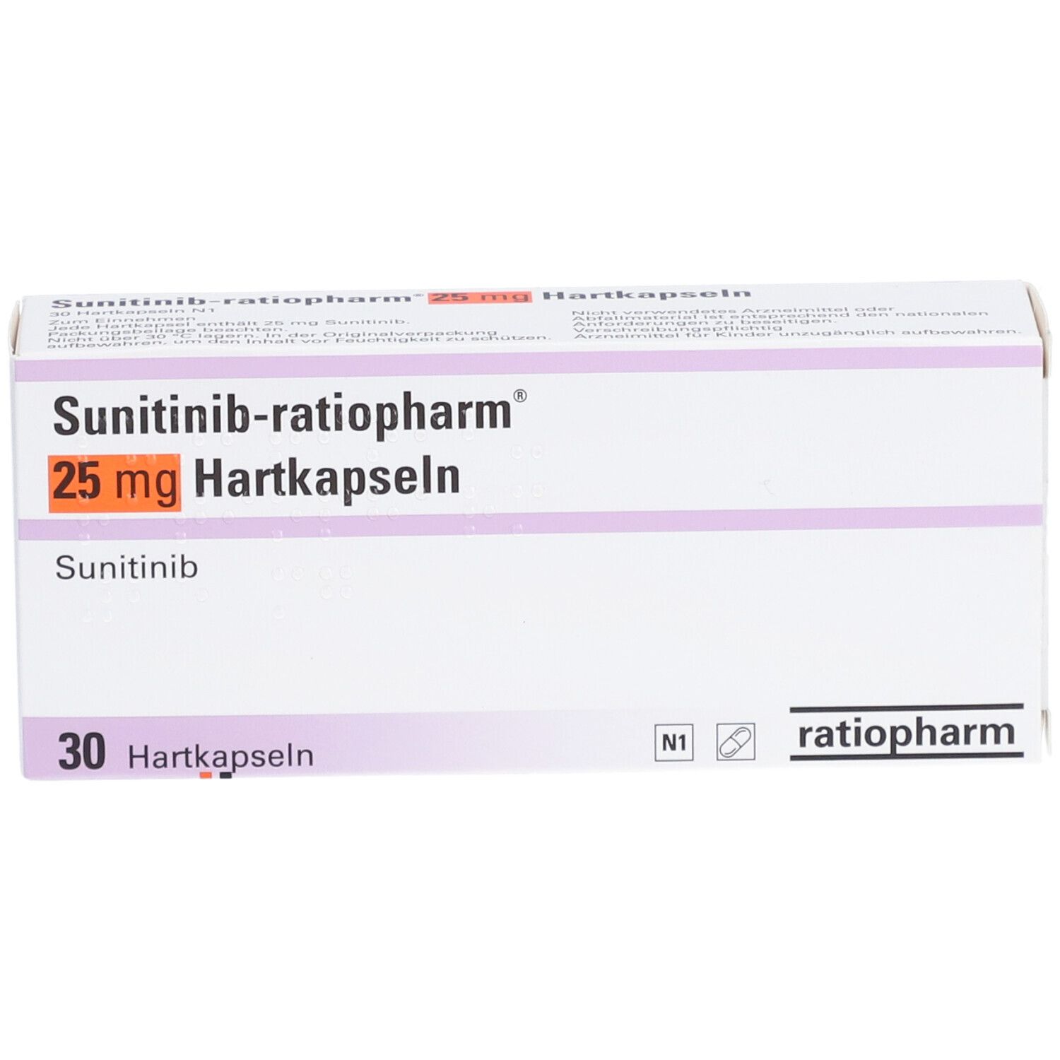 Schachtel Sunitinib-ratiopharm® 25 mg Hartkapseln. Aufschrift: 30 Hartkapseln. Logo ratiopharm.