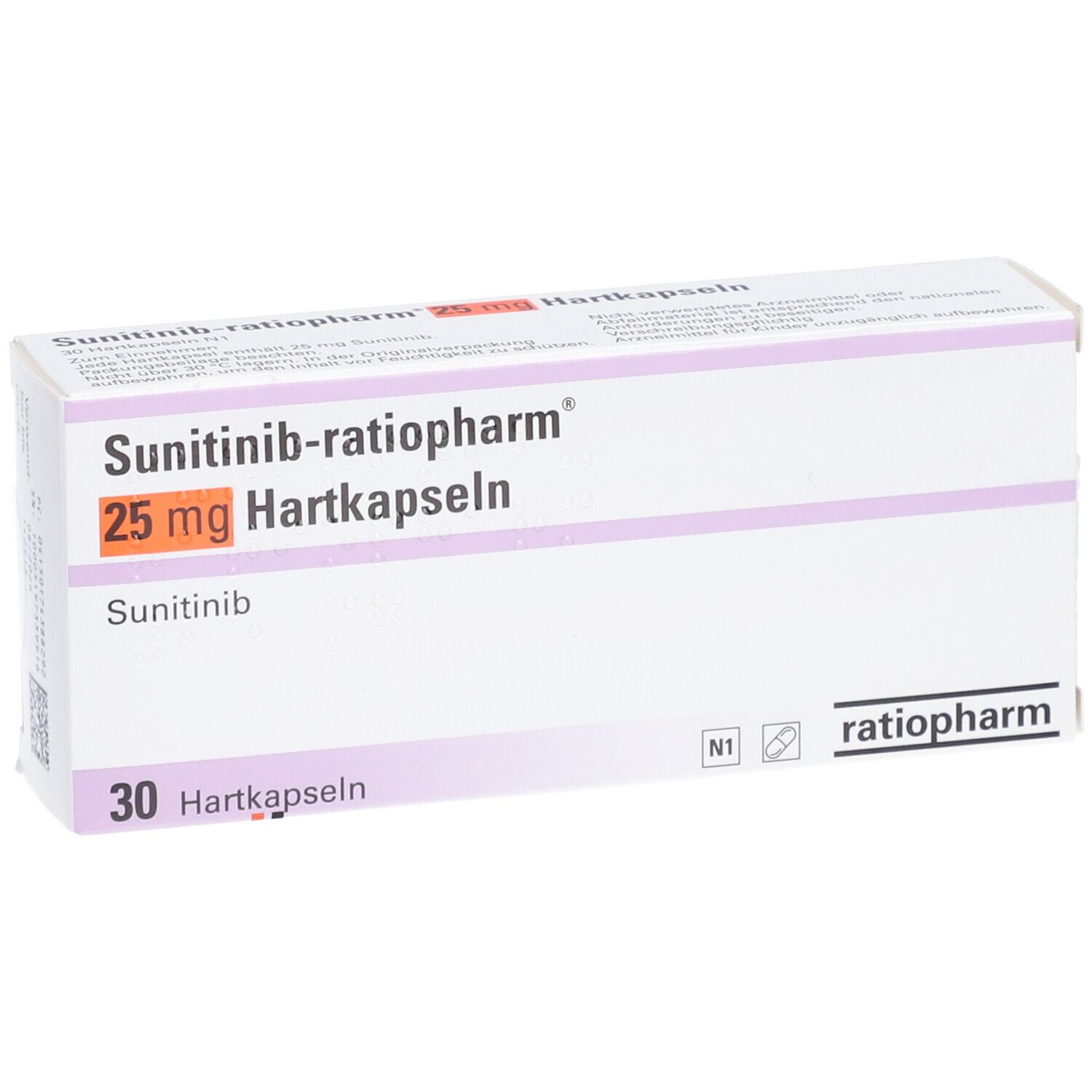 Schachtel Sunitinib-ratiopharm® 25 mg Hartkapseln. Aufschrift: 30 Hartkapseln. Logo ratiopharm.