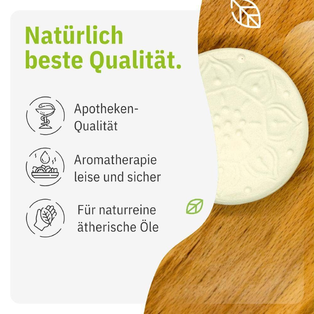 Keramik-Diffusor, rund, mit Text: 'Natürlich beste Qualität.' Apothekenqualität, Aromatherapie, naturreine Öle.