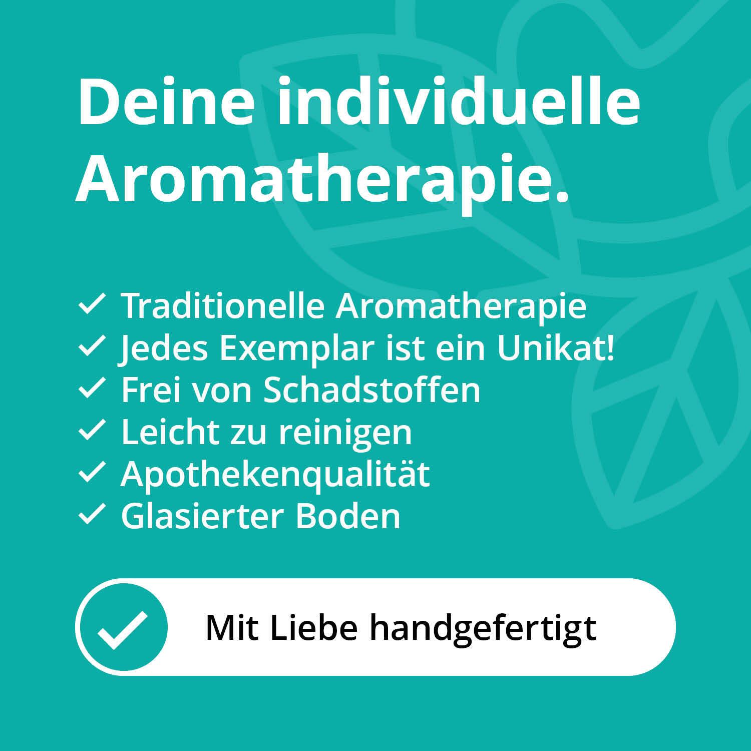 Text: 'Deine individuelle Aromatherapie.' Traditionelle Aromatherapie, Unikat, schadstofffrei, leicht zu reinigen.
