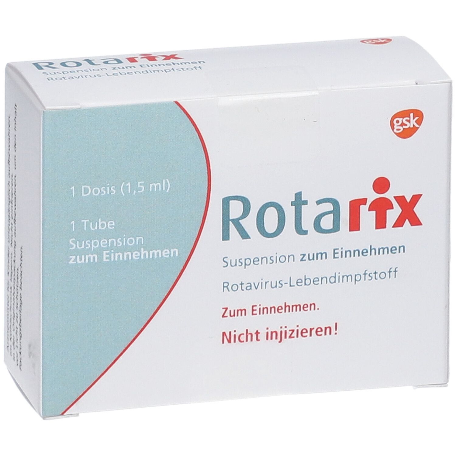 Weiße Faltschachtel. Aufschrift: Rotarix, Suspension zum Einnehmen. 1 Tube, 1 Dosis (1,5 ml). Herstellerlogo GSK.