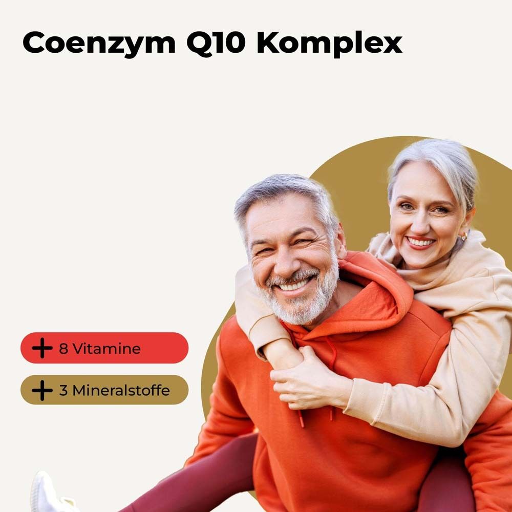 Älteres Paar umarmt sich. Text: Coenzym Q10 Komplex. 8 Vitamine und 3 Mineralstoffe.