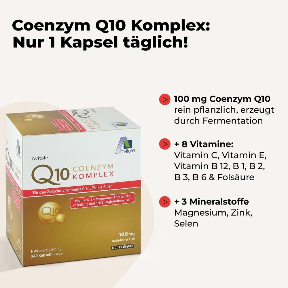 Text: Coenzym Q10 Komplex: Nur 1 Kapsel täglich! Informationen zu Inhaltsstoffen und Dosierung.