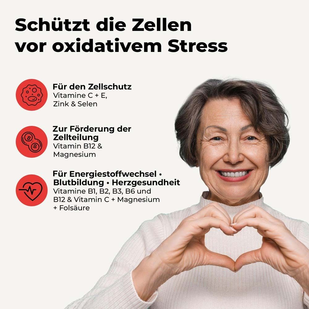 Ältere Frau formt Herz. Text: Schützt die Zellen vor oxidativem Stress. Informationen zu Inhaltsstoffen.