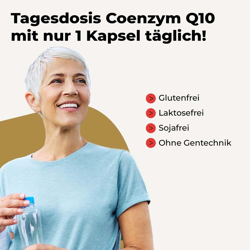 Frau mit Flasche. Text: Tagesdosis Coenzym Q10 mit nur 1 Kapsel täglich! Glutenfrei, laktosefrei, sojafrei, ohne Gentechnik.