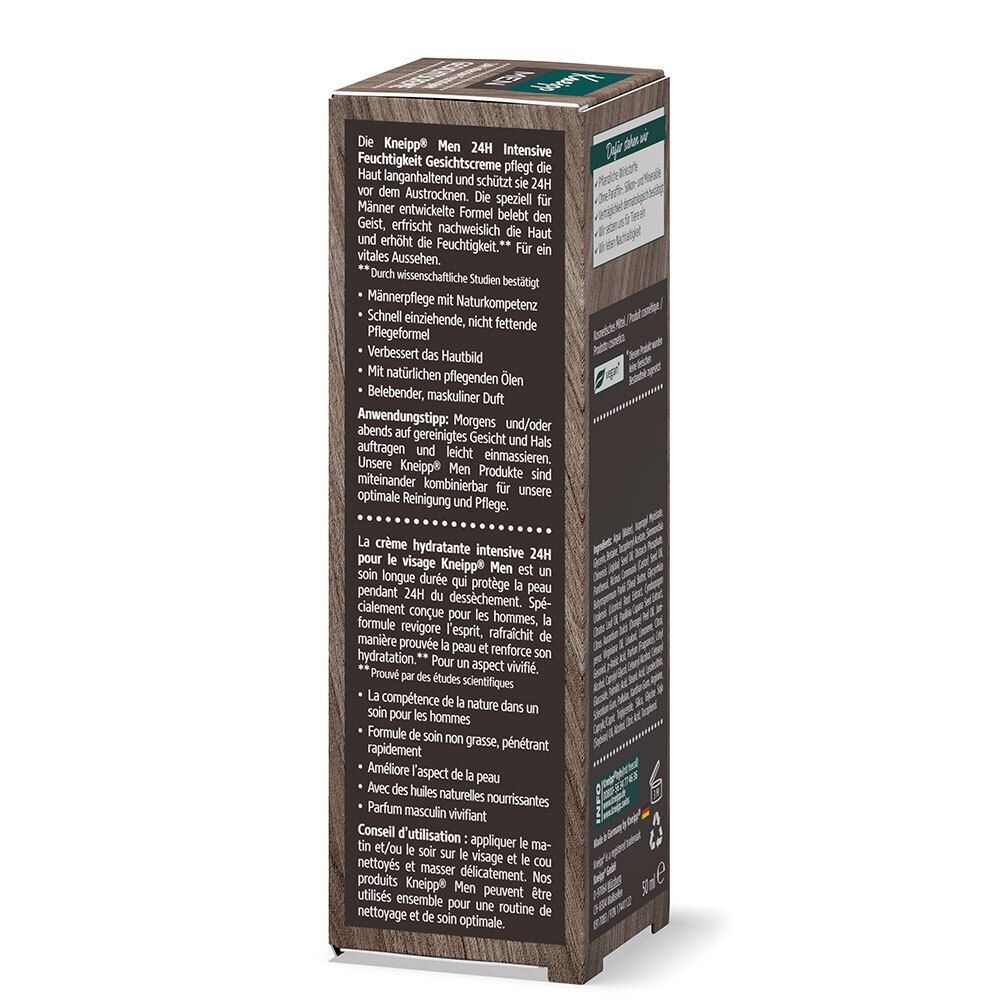 Rückseite der Kneipp Men Gesichtscreme Verpackung. Text in Deutsch und Französisch. Vegan-Siegel.