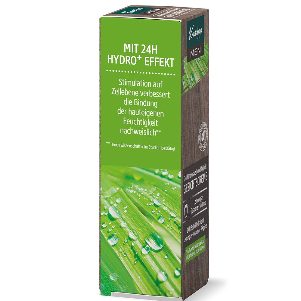 Kneipp Men Gesichtscreme Verpackung. Vorderseite mit 24H Hydro+ Effekt. Text in Deutsch. Vegan-Siegel.