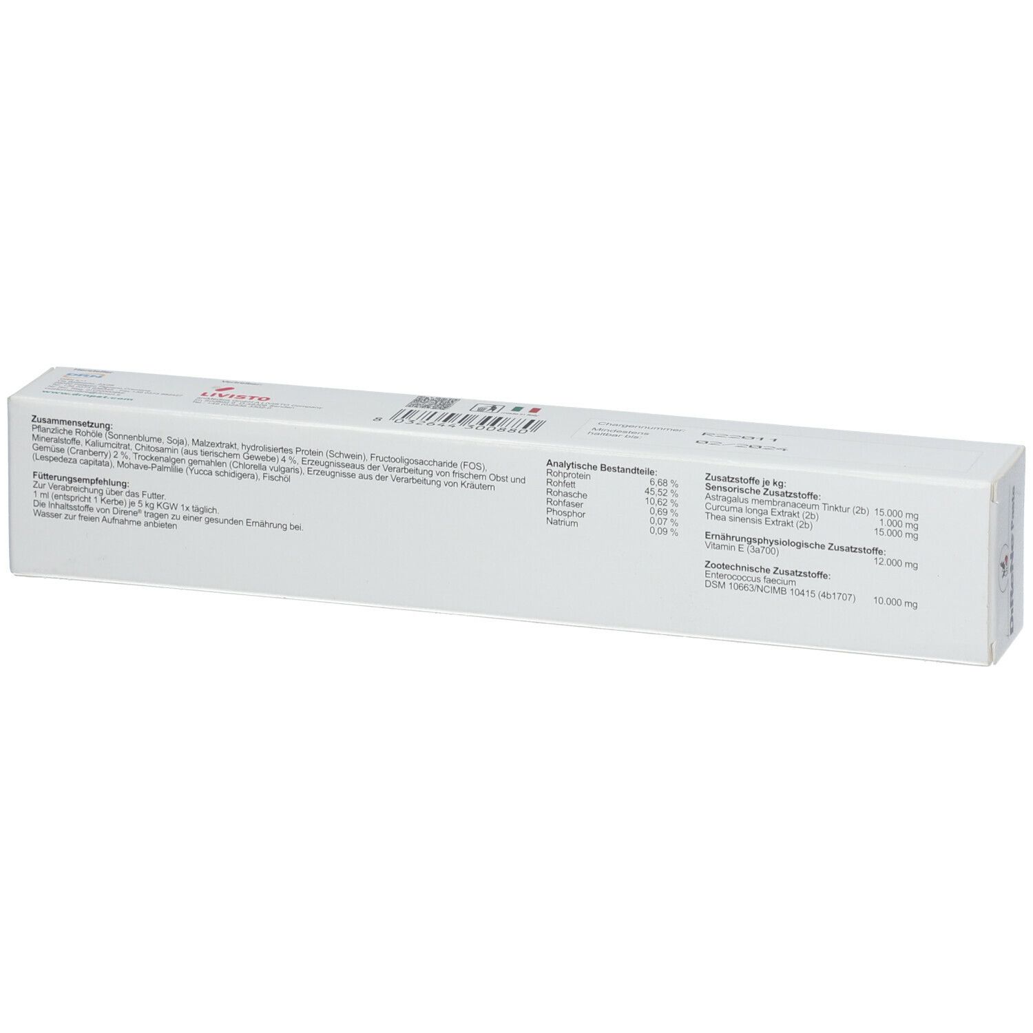 Rückseite der DiReNe Paste Schachtel. Weiß mit Text und Tabellen. Enthält Informationen zu Inhaltsstoffen und Nährwerten.