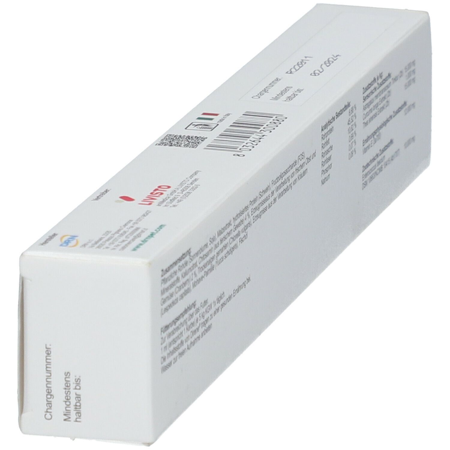 Schachtel DiReNe Paste, schräg. Rückseite mit Text und Tabellen. Informationen zu Inhaltsstoffen und Nährwerten.