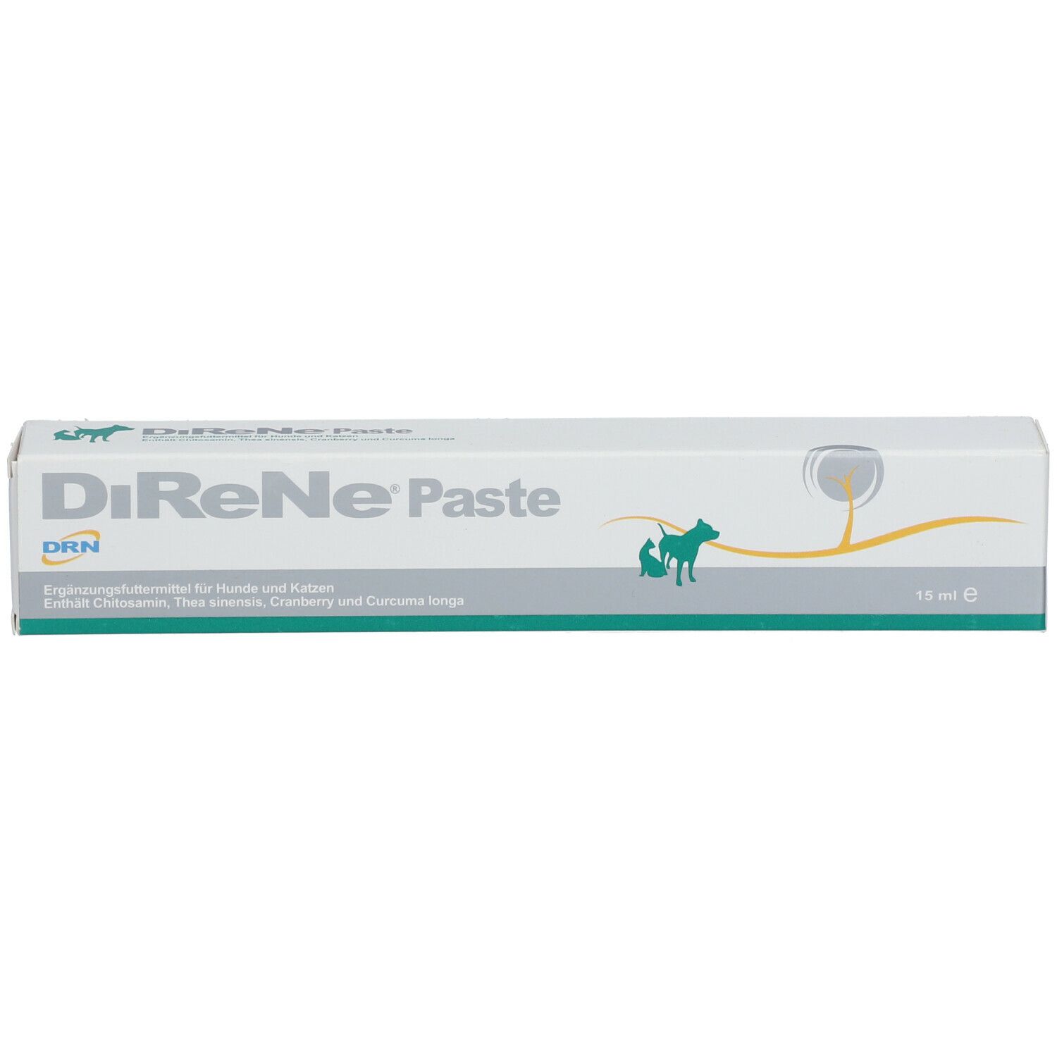 Schachtel mit DiReNe Paste. Weiß, mit grünen und grauen Akzenten. Text: DiReNe Paste, DRN Logo, 15 ml.