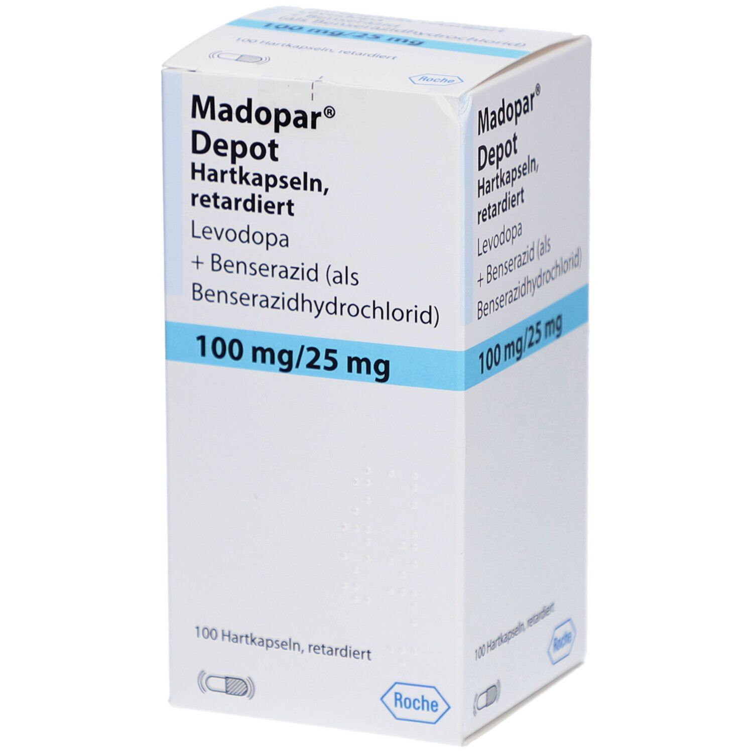 Weißer Karton mit blauer Schrift. Beschriftung: Madopar Depot Hartkapseln, retardiert, 100 mg/25 mg. Enthält 100 Kapseln.
