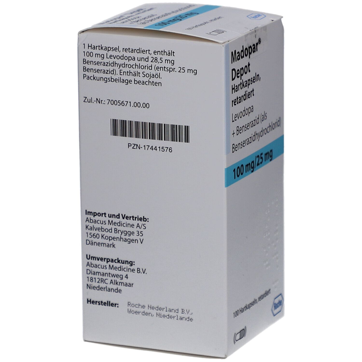 Karton mit Produktinformationen. Beschriftung: Madopar Depot Hartkapseln, retardiert, 100 mg/25 mg. Enthält 100 Kapseln. Hersteller: Roche.