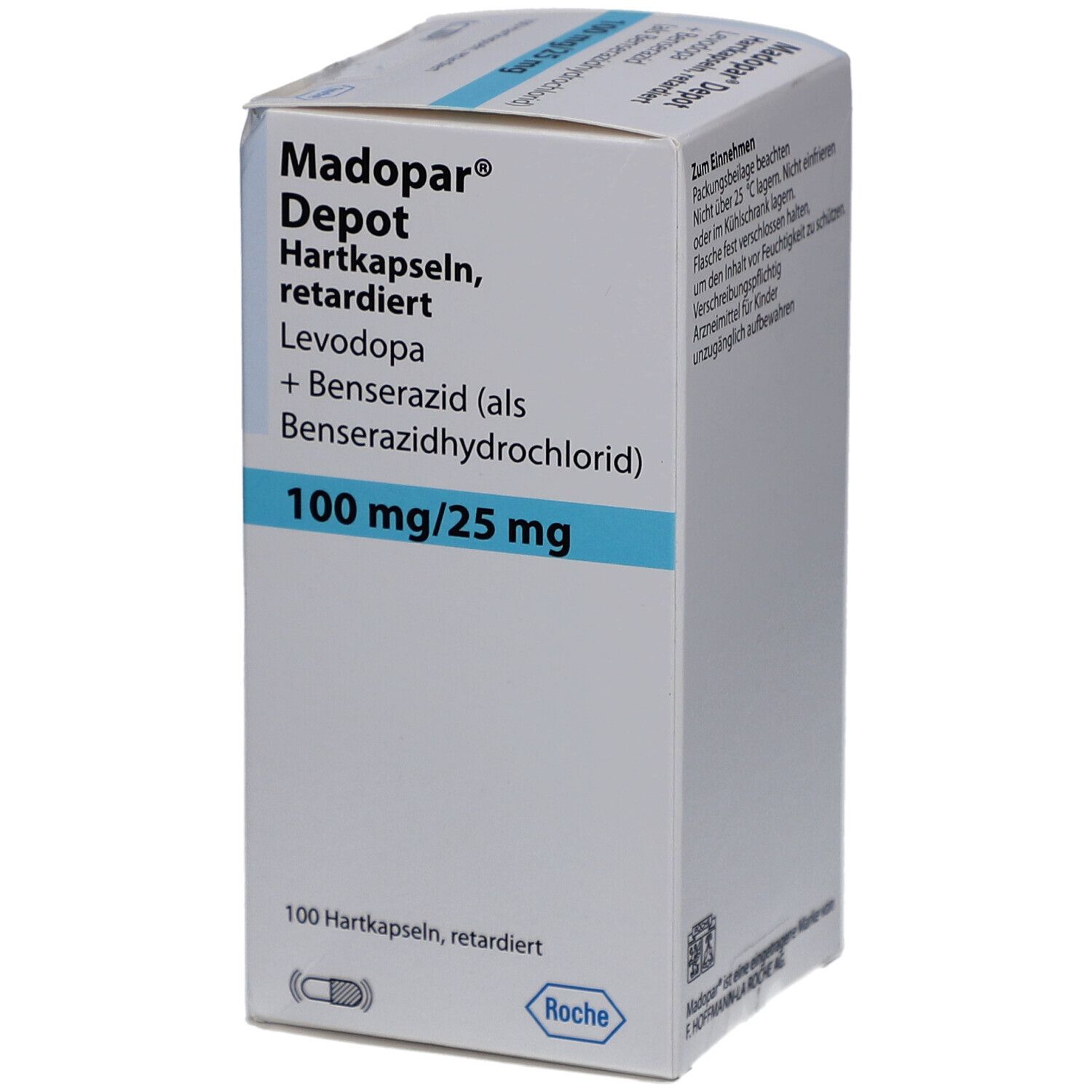 Weißer Karton mit blauer Schrift. Beschriftung: Madopar Depot Hartkapseln, retardiert, 100 mg/25 mg. Enthält 100 Kapseln.