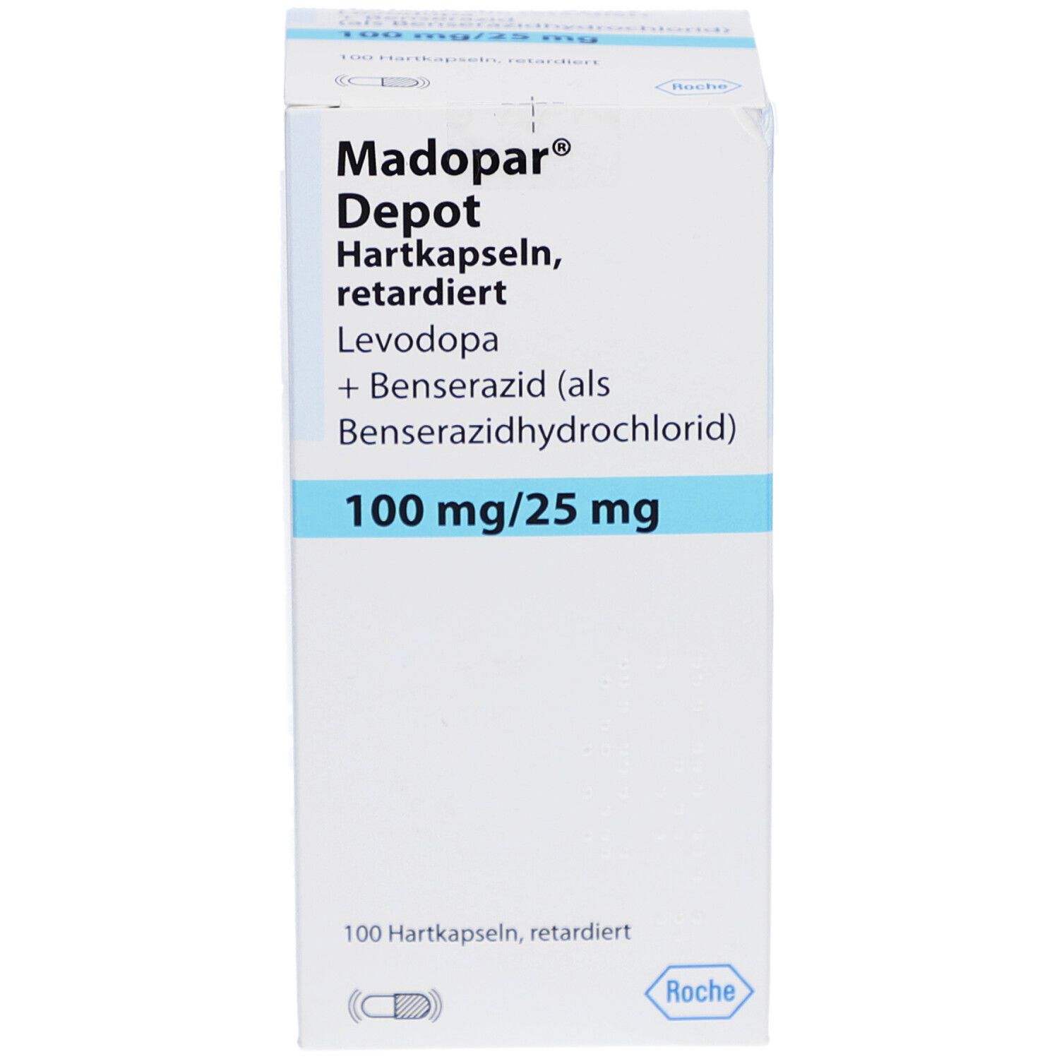 Weißer Karton mit blauer Schrift. Beschriftung: Madopar Depot Hartkapseln, retardiert, 100 mg/25 mg. Enthält 100 Kapseln.