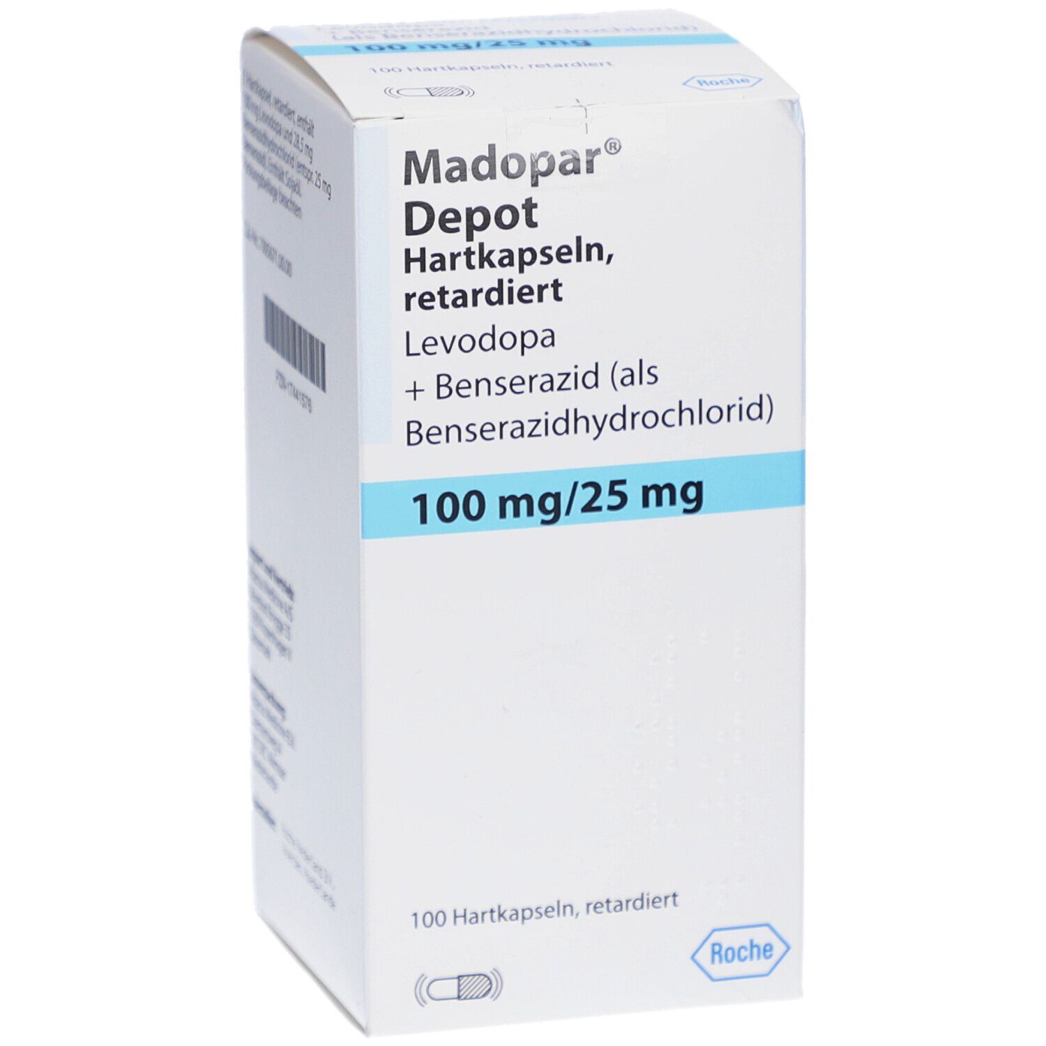 Weißer Karton mit blauer Schrift. Beschriftung: Madopar Depot Hartkapseln, retardiert, 100 mg/25 mg. Enthält 100 Kapseln.
