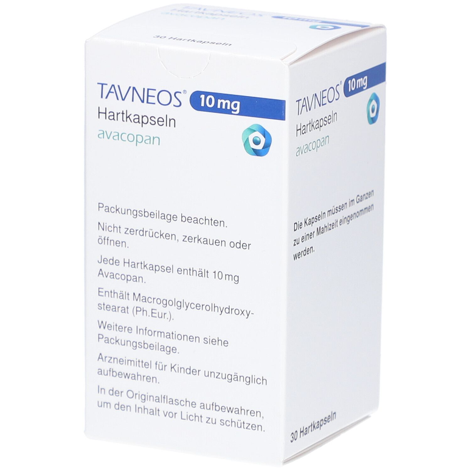 Weiße Schachtel mit blauer Schrift: TAVNEOS 10 mg Hartkapseln, avacopan. Aufschrift: 30 Hartkapseln. Text auf Deutsch.