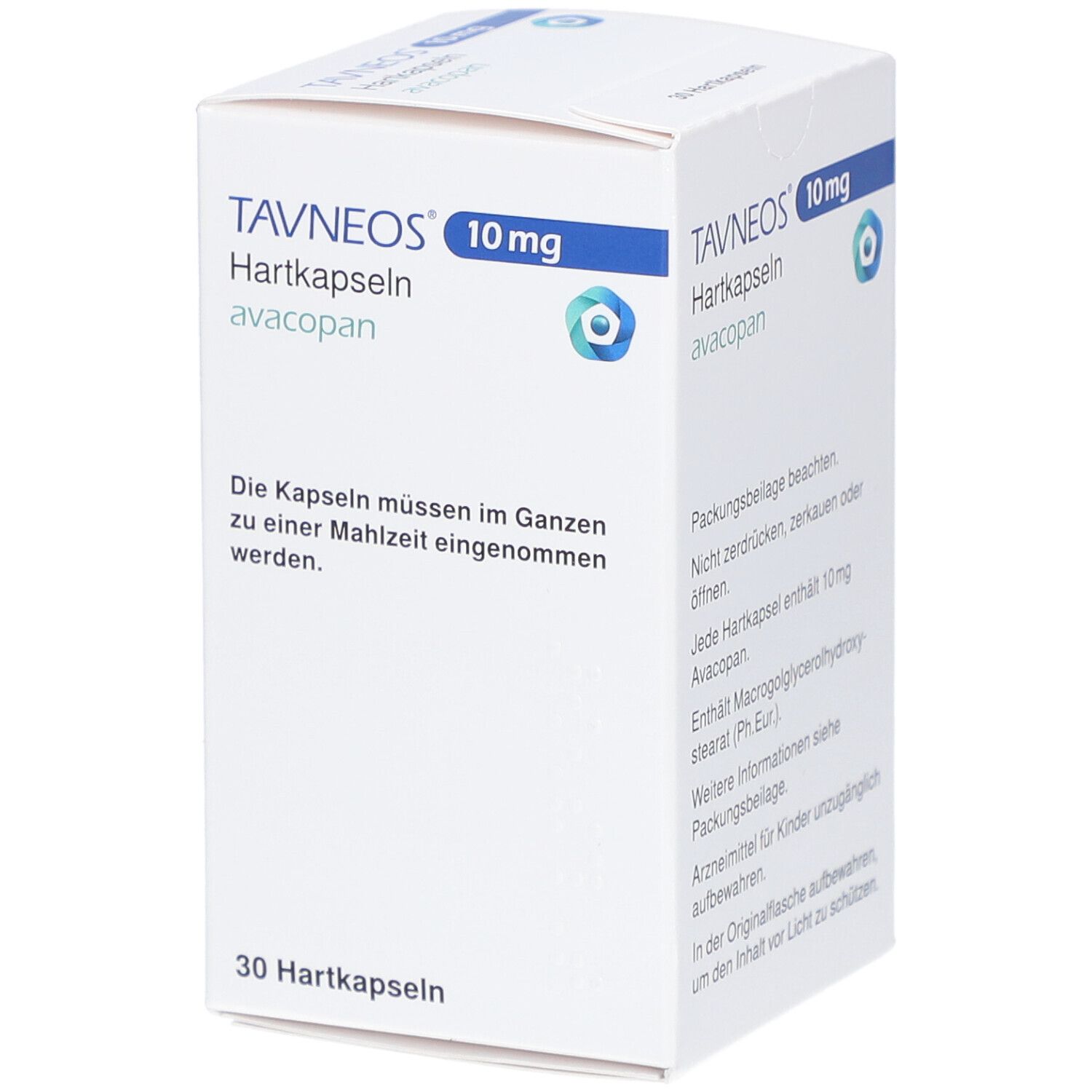 Weiße Schachtel mit blauer Schrift: TAVNEOS 10 mg Hartkapseln, avacopan. Aufschrift: 30 Hartkapseln. Text auf Deutsch.