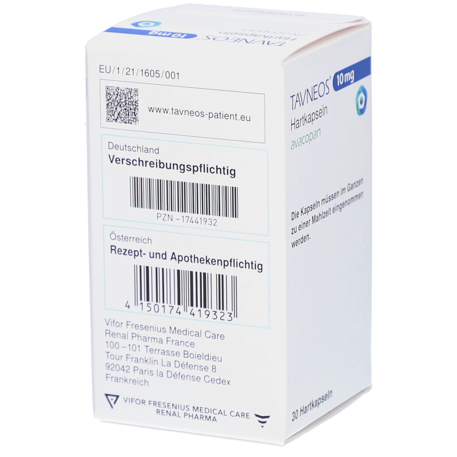 Weiße Schachtel mit blauer Schrift: TAVNEOS 10 mg Hartkapseln, avacopan. Aufschrift: 30 Hartkapseln. Text auf Deutsch. Barcode und weitere Informationen.