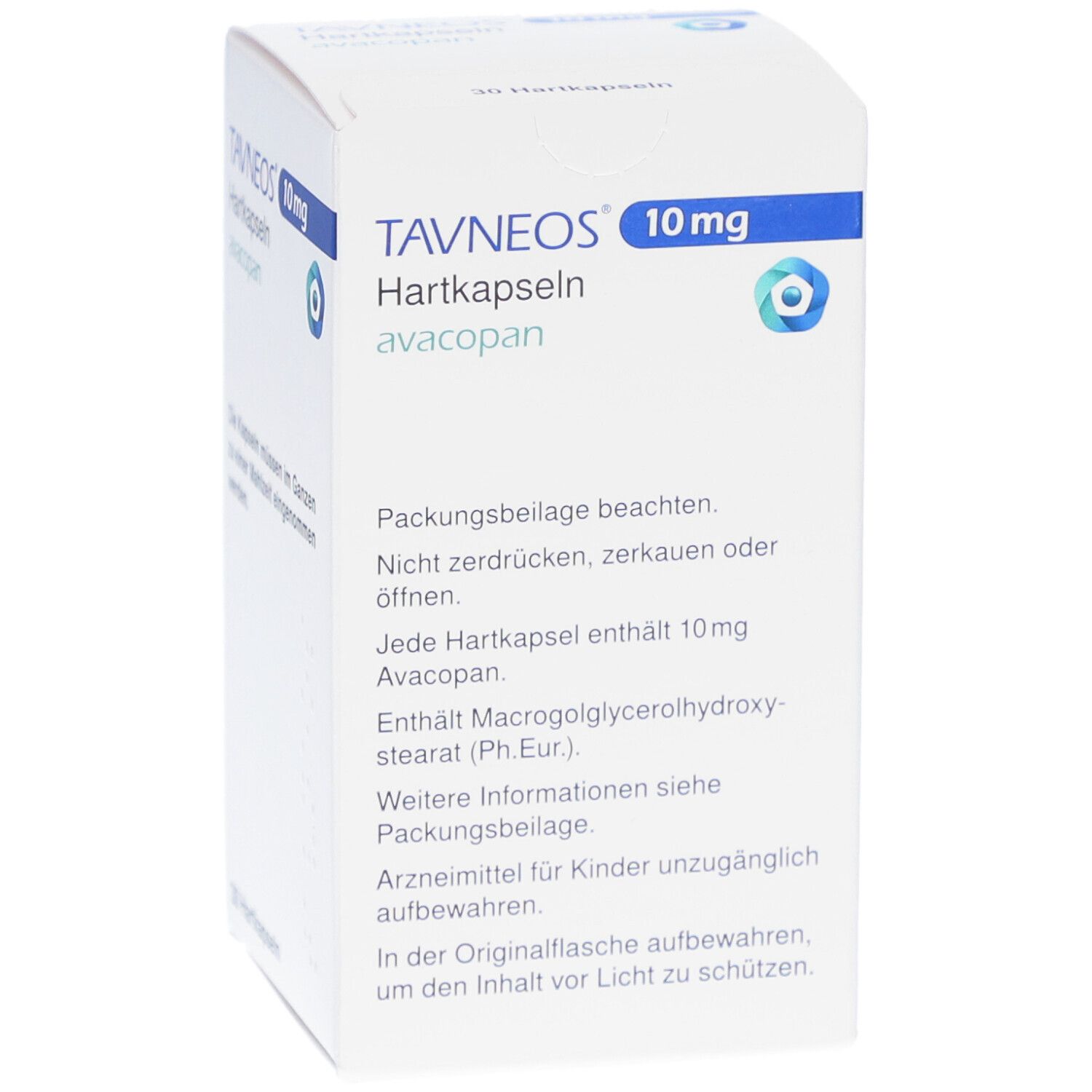 Weiße Schachtel mit blauer Schrift: TAVNEOS 10 mg Hartkapseln, avacopan. Aufschrift: 30 Hartkapseln. Text auf Deutsch.