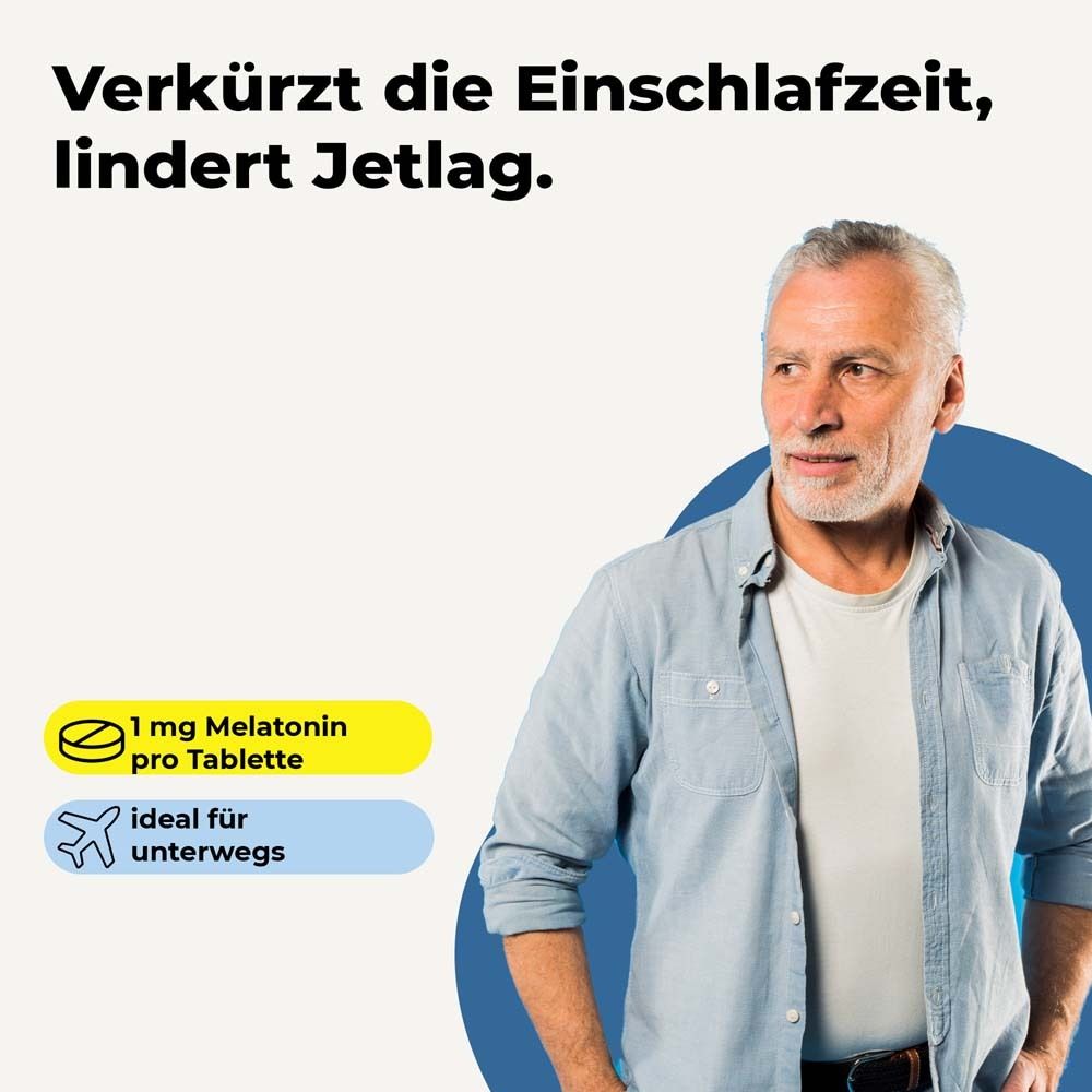 Mann mit Text: 1 mg Melatonin pro Tablette, ideal für unterwegs. Gelber und blauer Hintergrund.