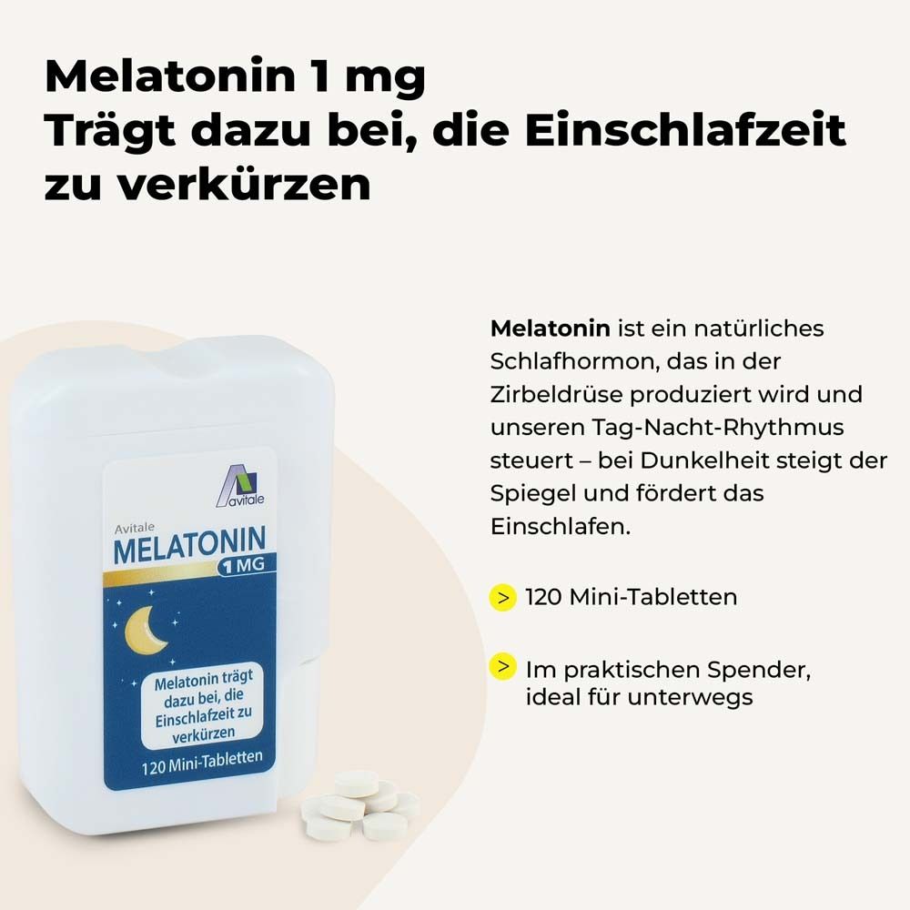 Avitale MELATONIN 1 mg Mini-Tabletten im Spender. Text: Melatonin verkürzt die Einschlafzeit. 120 Mini-Tabletten.